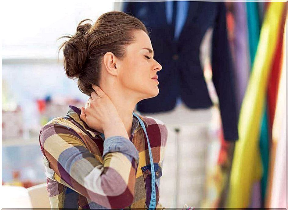 Woman with neck pain and aluminum foil in treatment