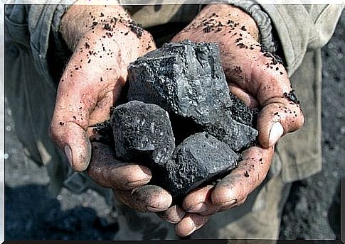 pieces of coal in the hands