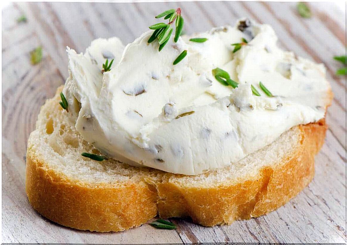 Cream cheese on a sandwich