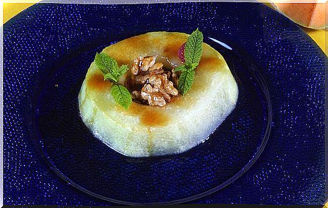 Melon dessert with nuts and mint